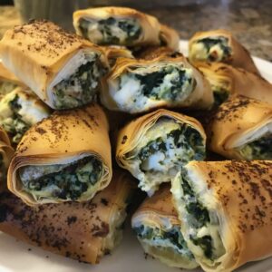 spinach and feta filo parcels in a white plate