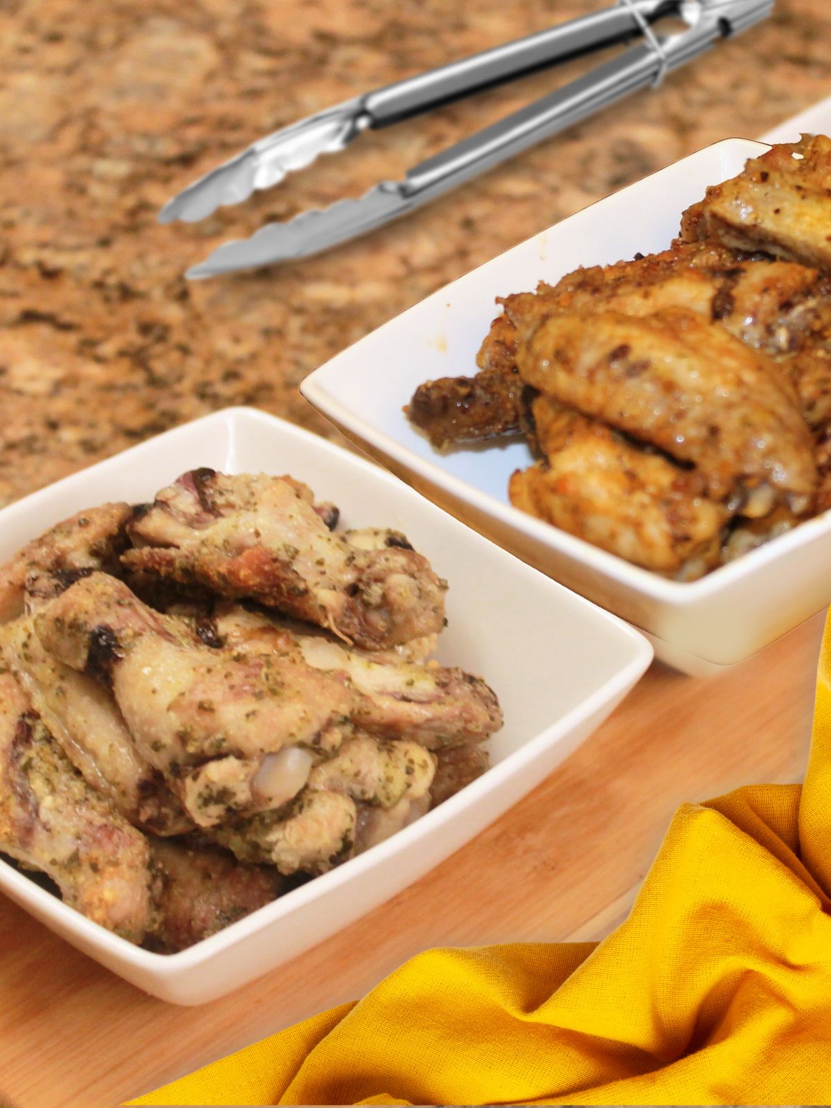 roasted chicken wings in white square plates