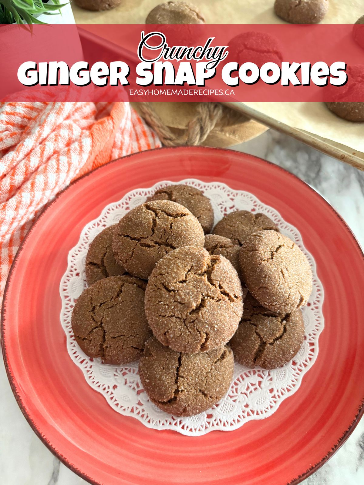 baked ginger snap cookies in a red plate on a doily PIN