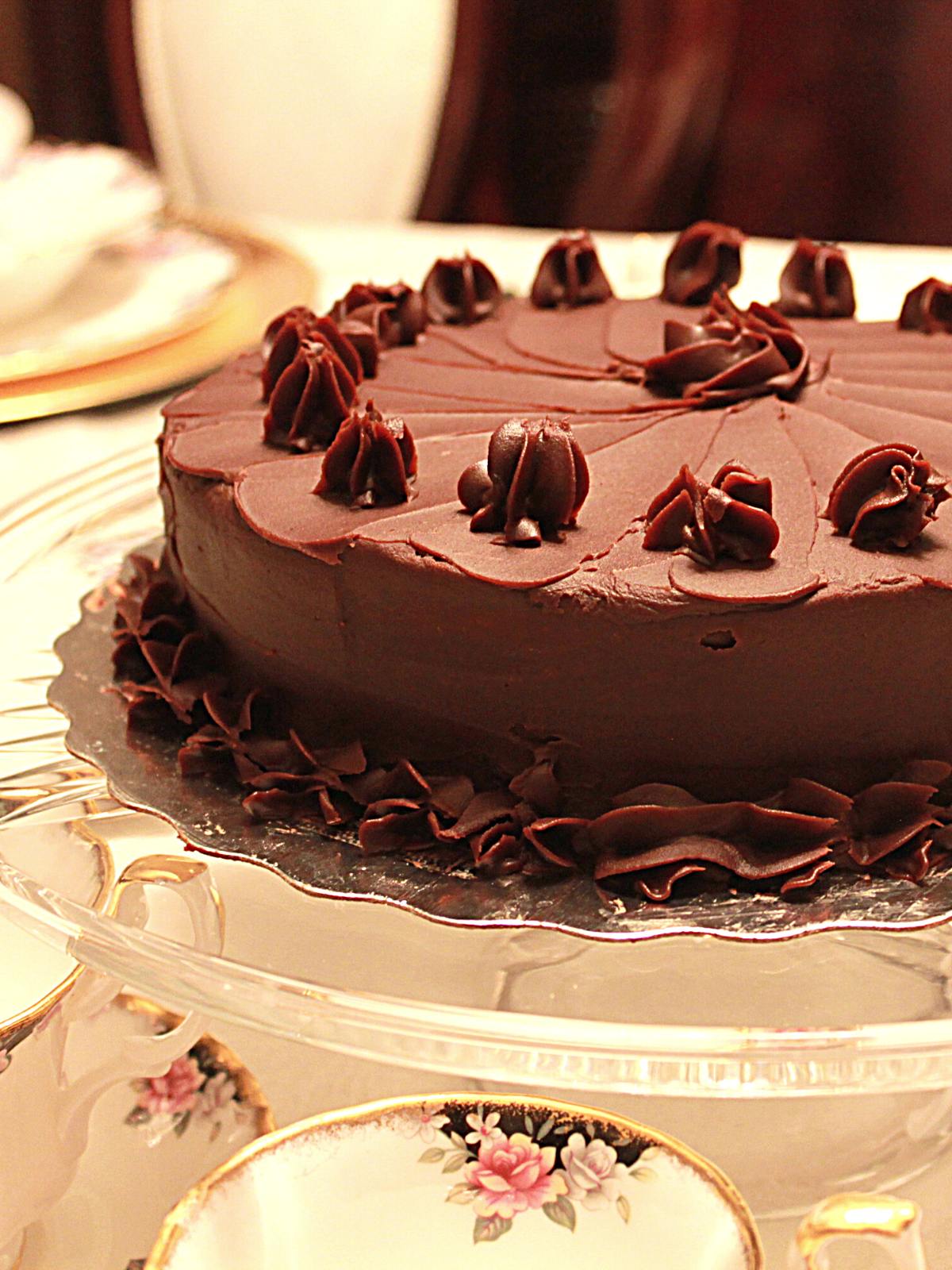 Chocolate Beetroot Cake on a clear cake stand