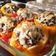 Baked Stuffed Peppers in a glass baking pan