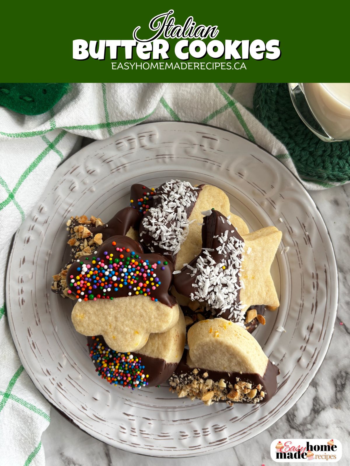 Italian butter cookies dipped in chocolate on a white plate PIN