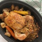 Roasted Chicken with Stuffing inside stoneware