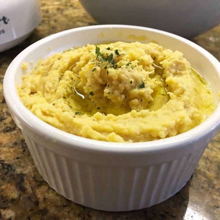 Hummus in a white bowl