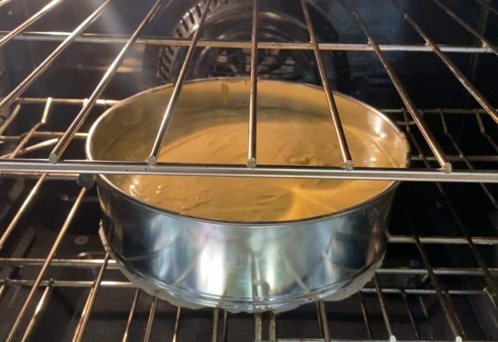 Pumpkin cheesecake on oven middle rack