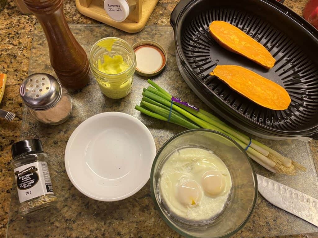 Ingredients for egg salad potato boats