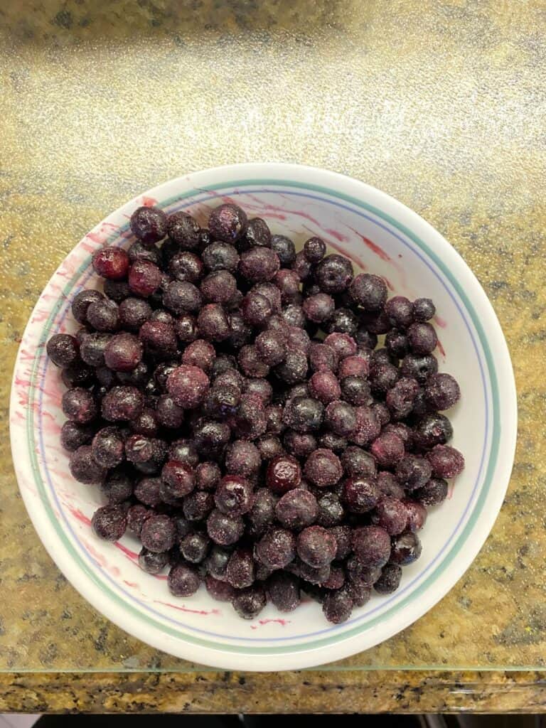 frozen blueberries in a white bowl