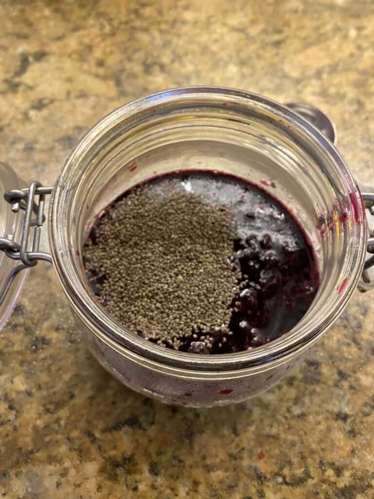 blueberry jam in a jar with chia seed