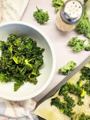 Kale Chips in a grey bowl