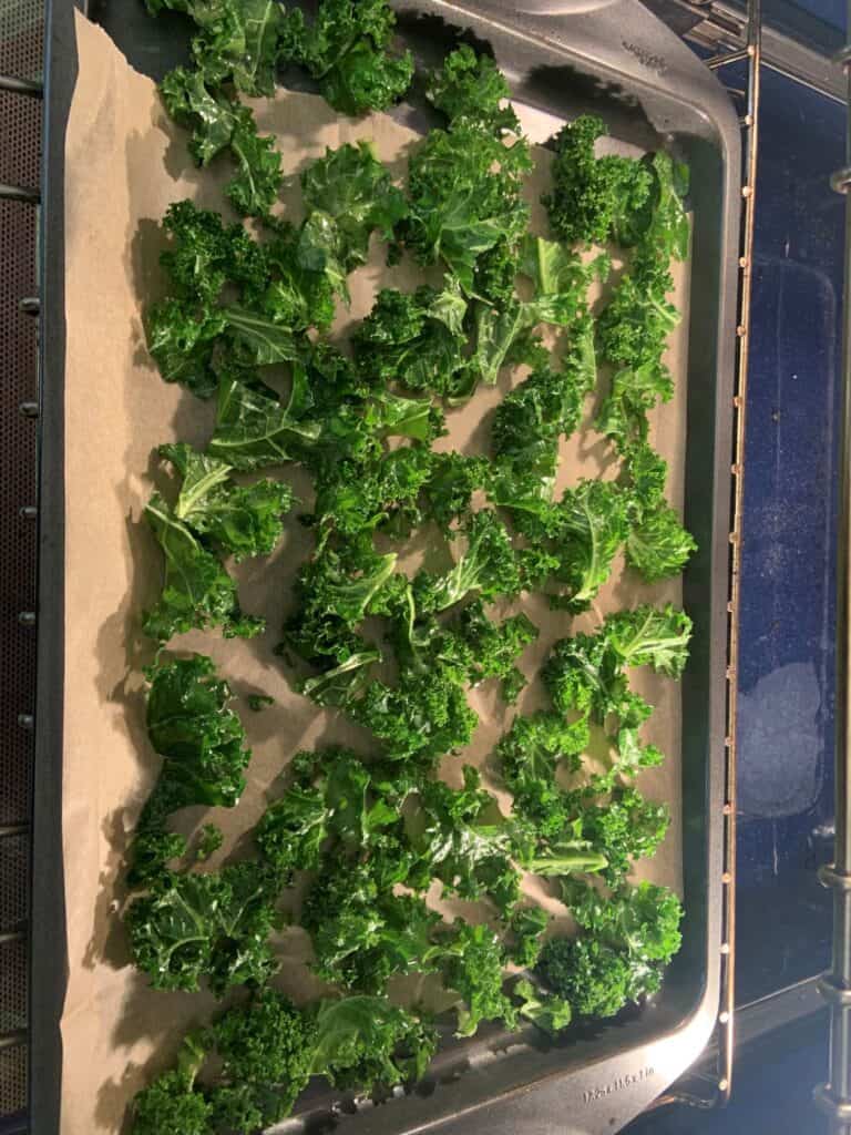 Baked Kale Chips on a baking sheet