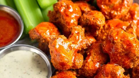 air fryer cauliflower buffalo wings with dip and celery