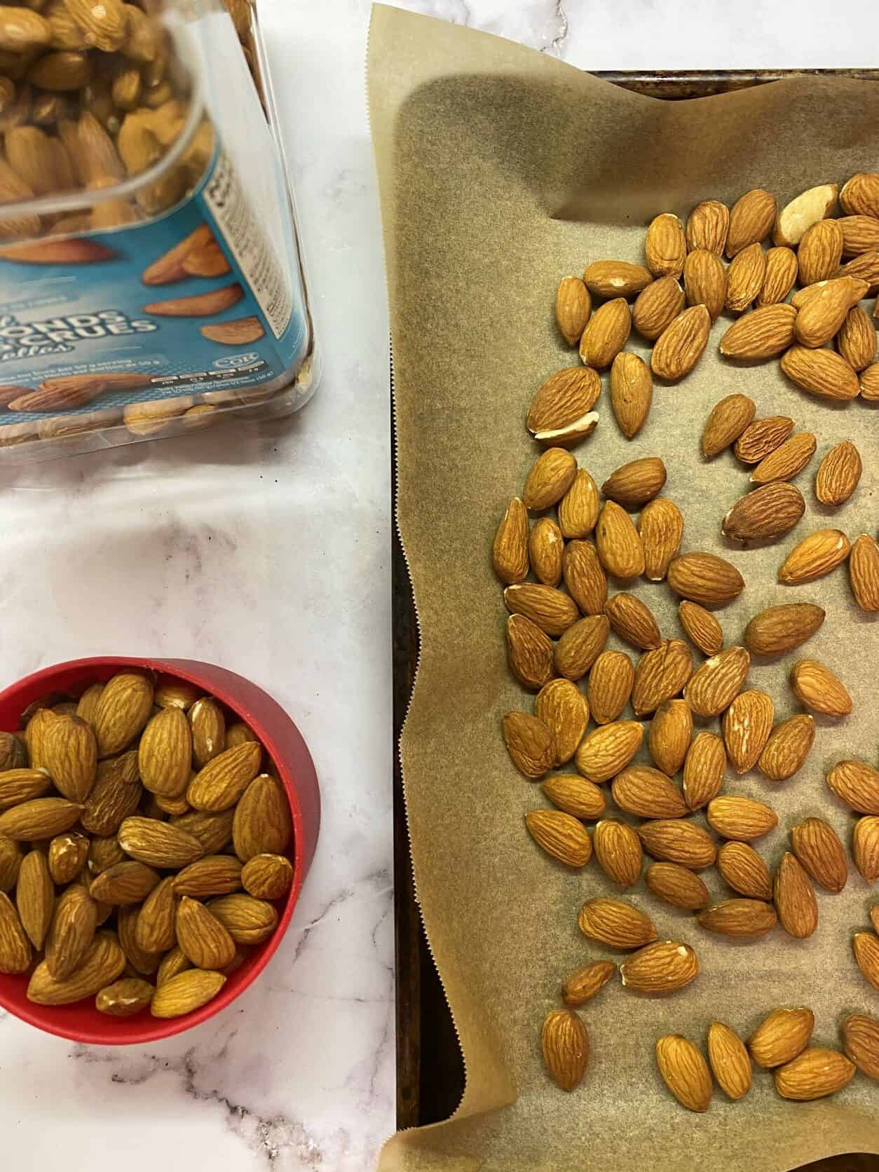 Almonds in a roasting pan