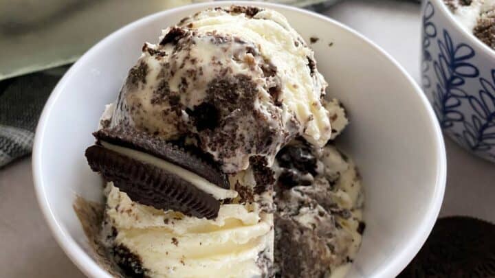 cookies and cream ice cream in a white bowl