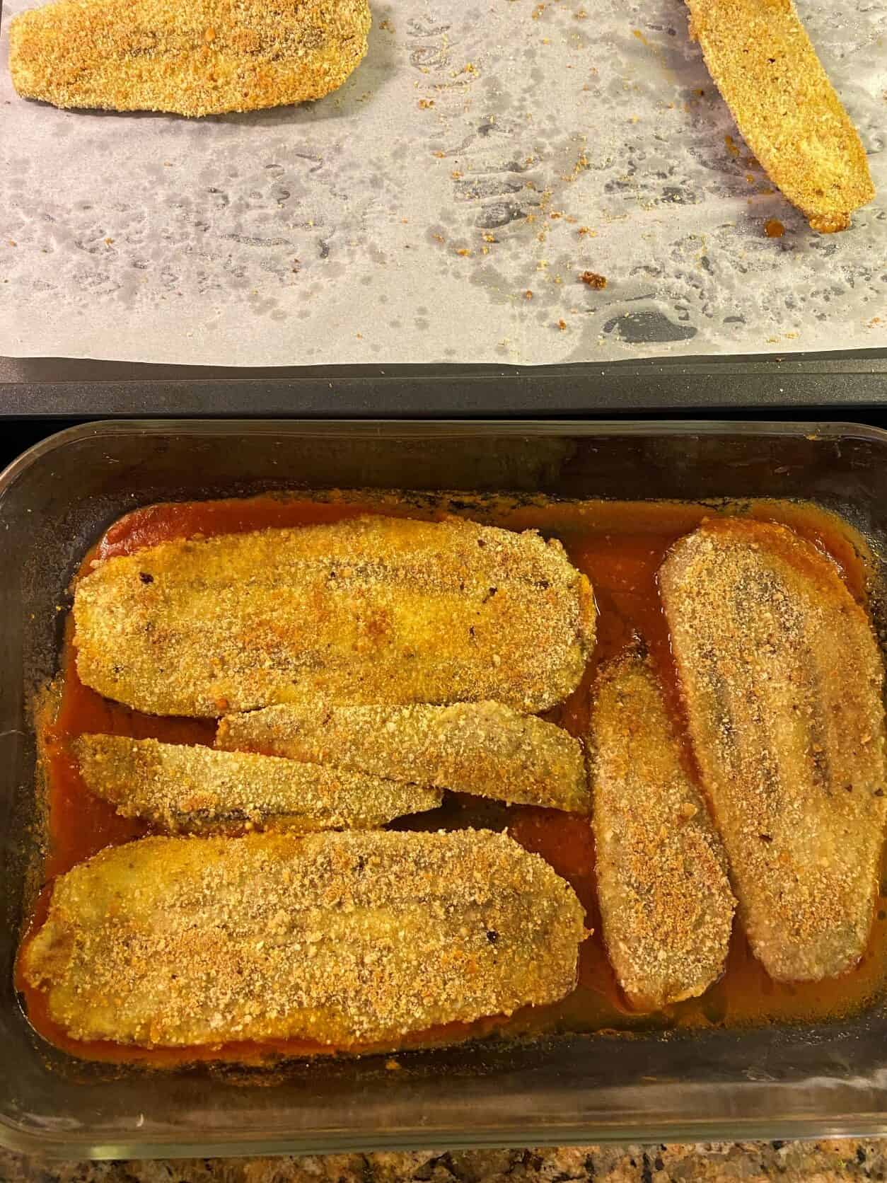 Layered Eggplant slices in a baking dish
