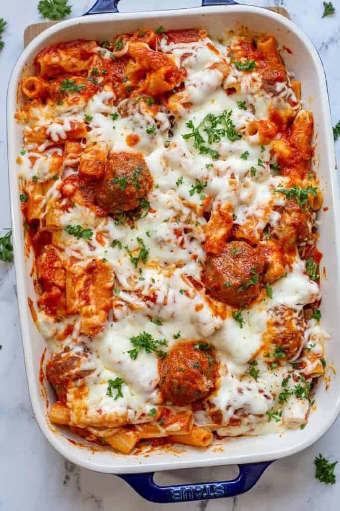 Baked Pasta Meatballs in a baking dish