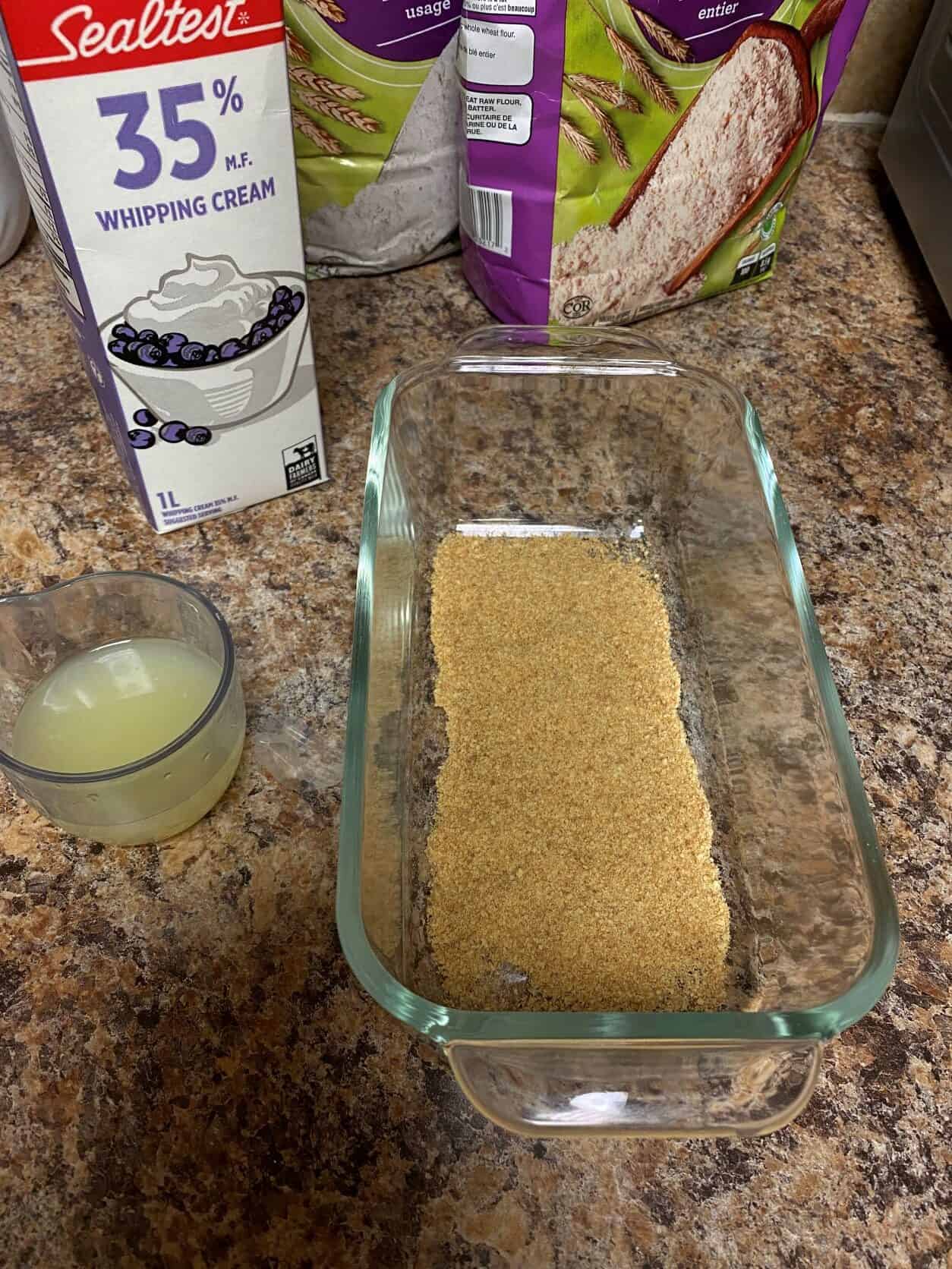 Graham crumbs in a loaf tray