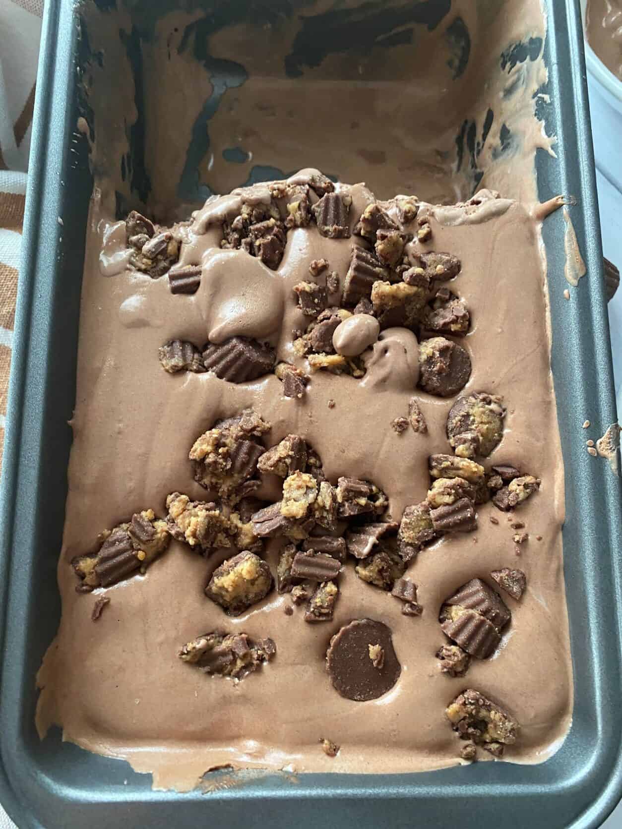 Peanut Butter Chocolate Ice Cream in a loaf pan