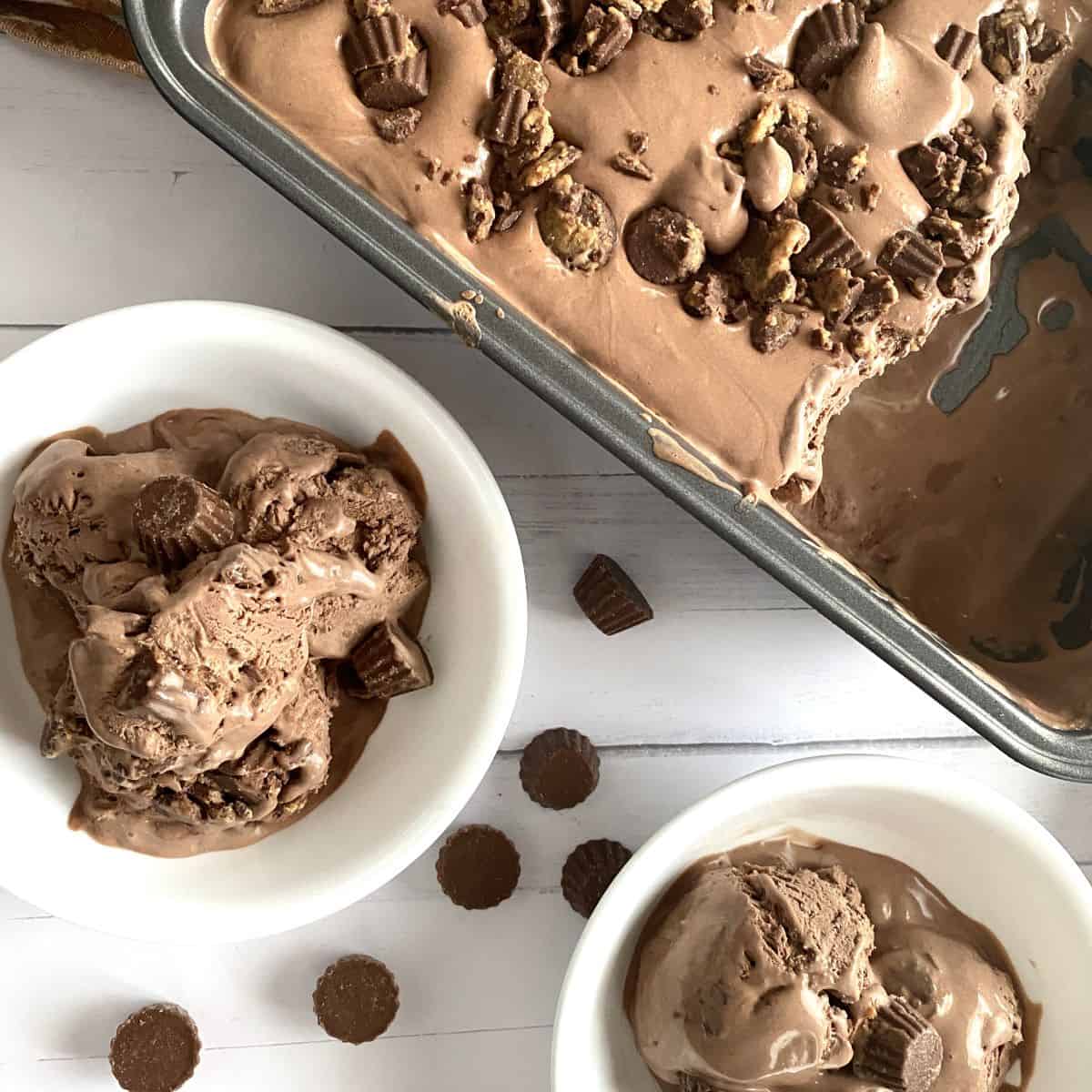 Peanut Butter Chocolate Ice Cream in white bowls