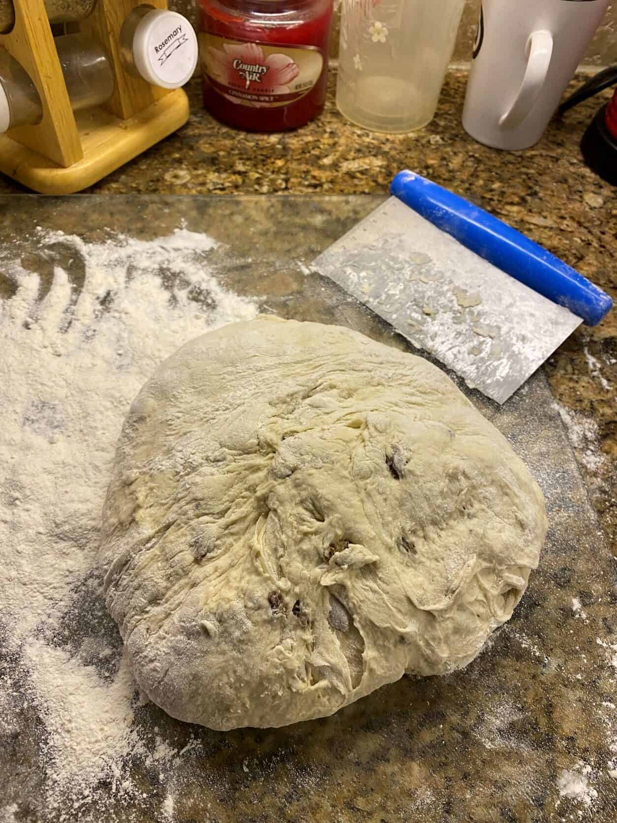 Raisin Banana bread dough on flour