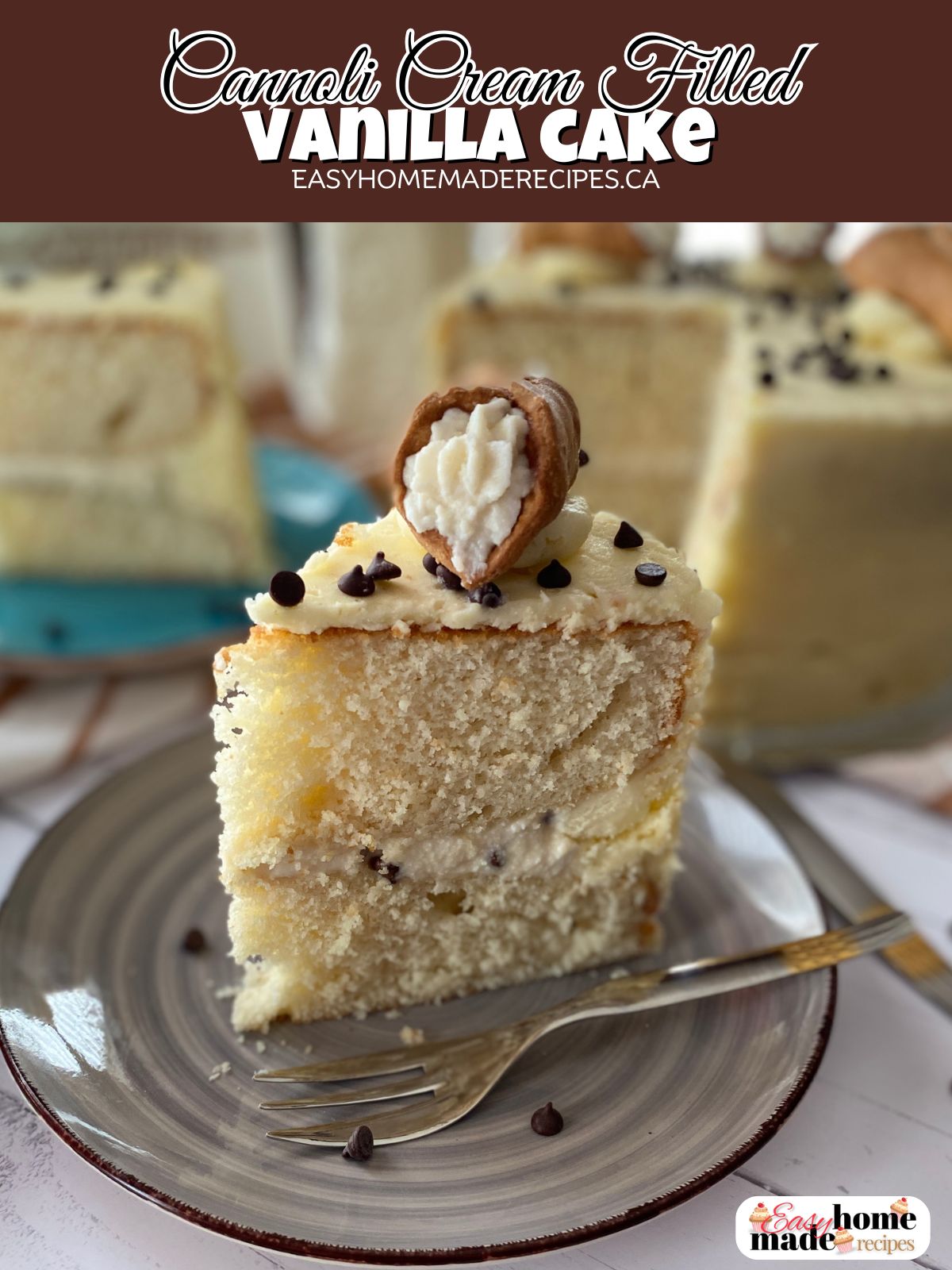 Slice of Cannoli cake on a grey dish PIN
