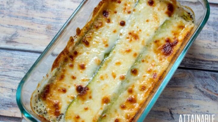 Cheesy zucchini lasagna recipe in a clear baking tray