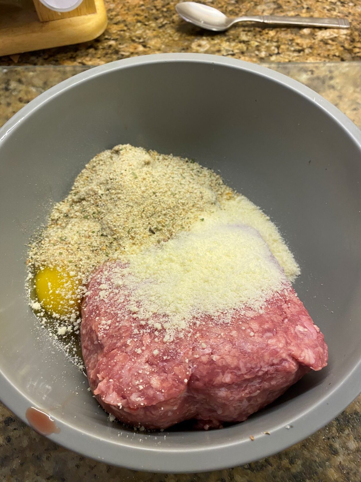 stuffing ingredients in a grey bowl
