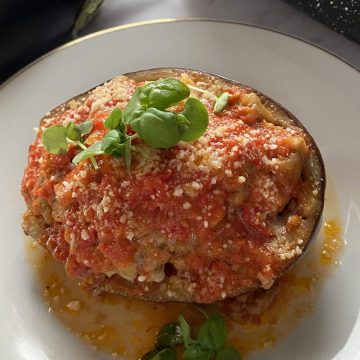 Stuffed eggplant in a white plate