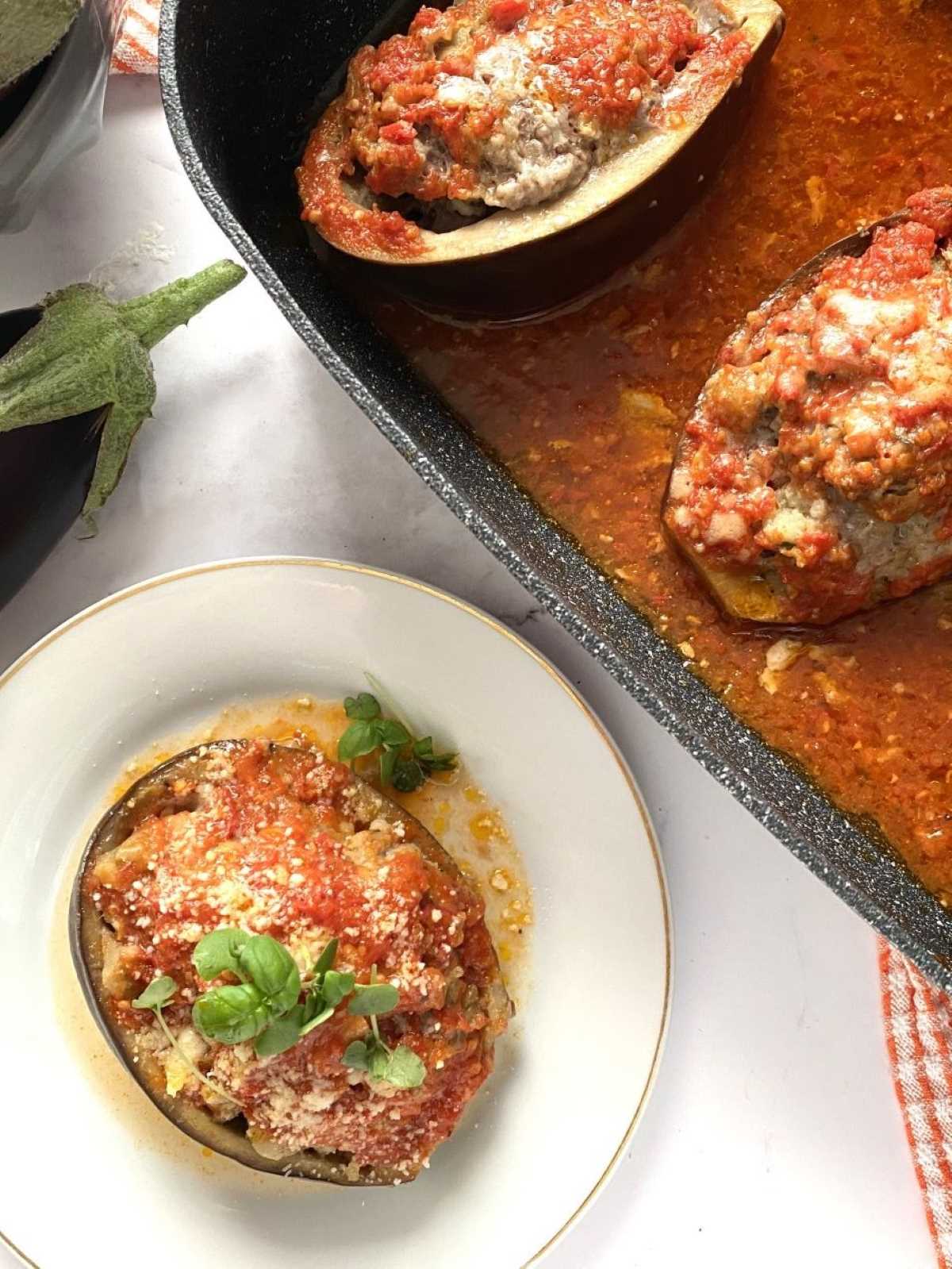 Stuffed eggplant in a white plate