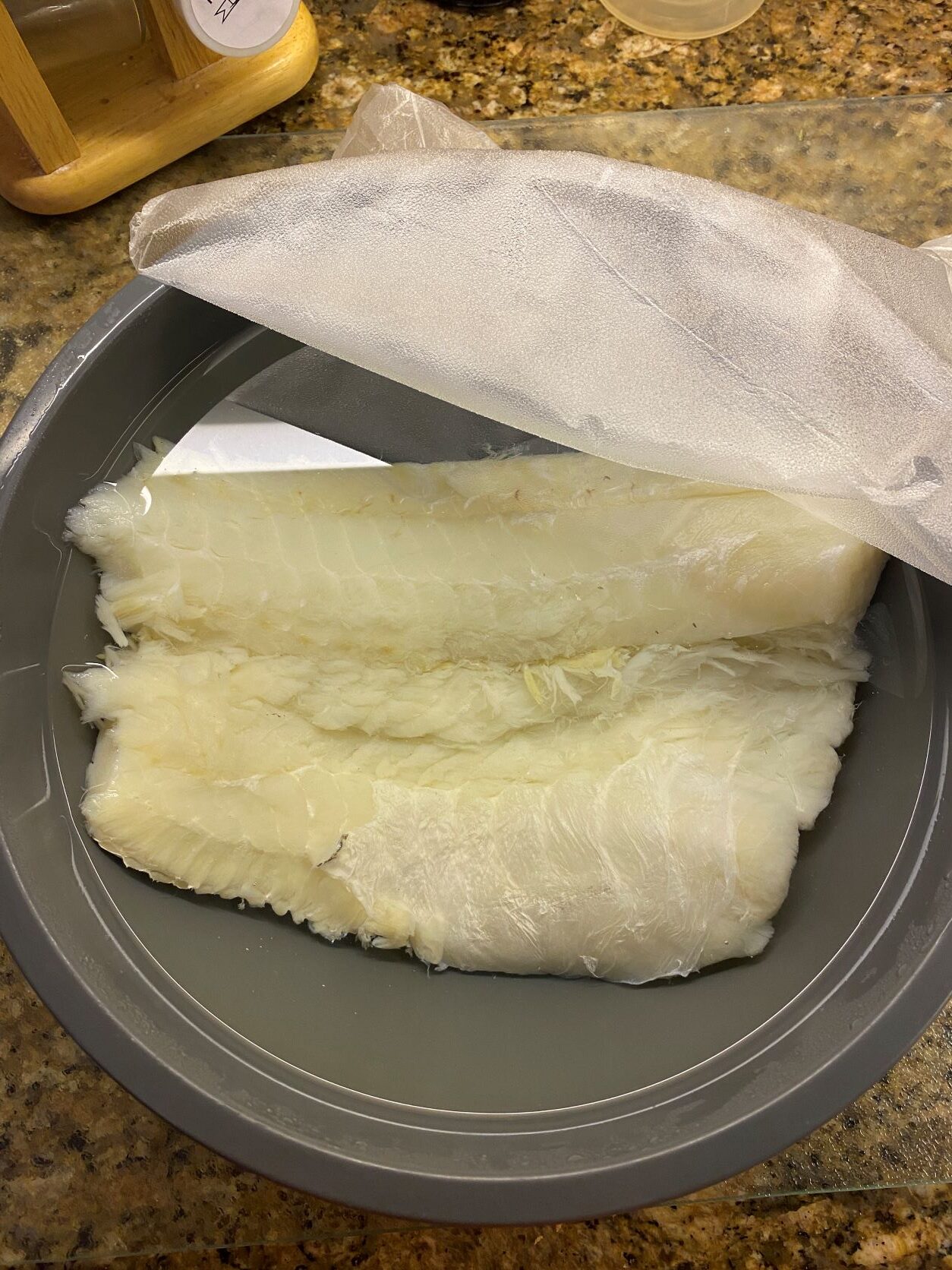 Salted Cod soaking in a bowl