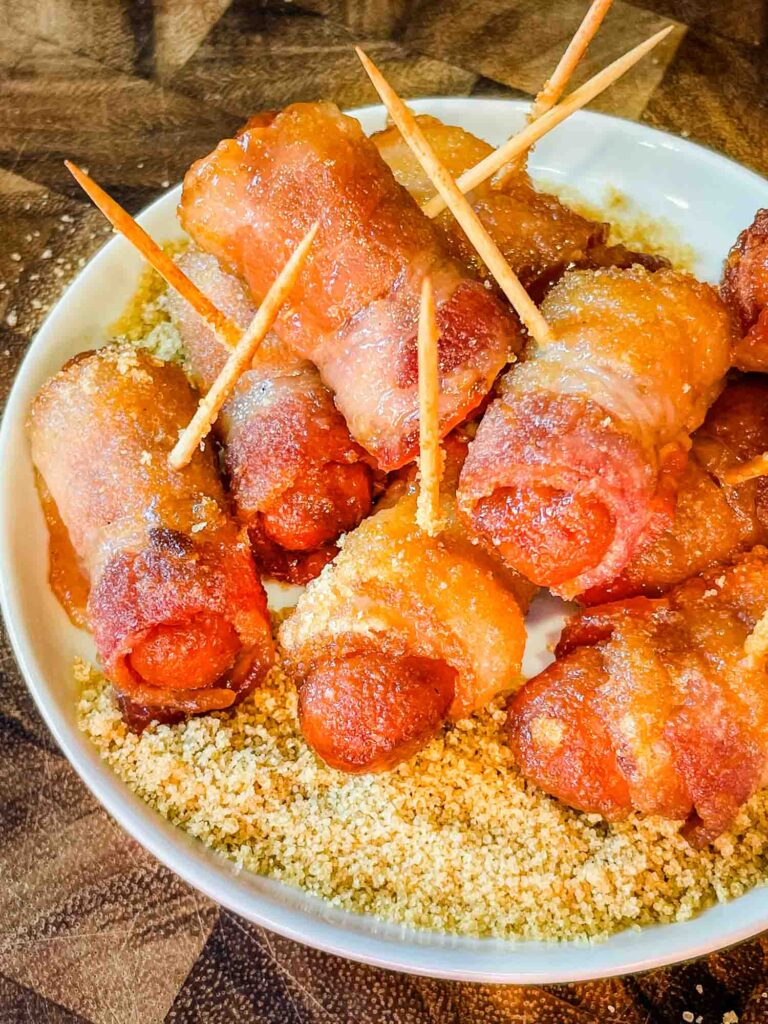bacon wrapped smokies in a bowl