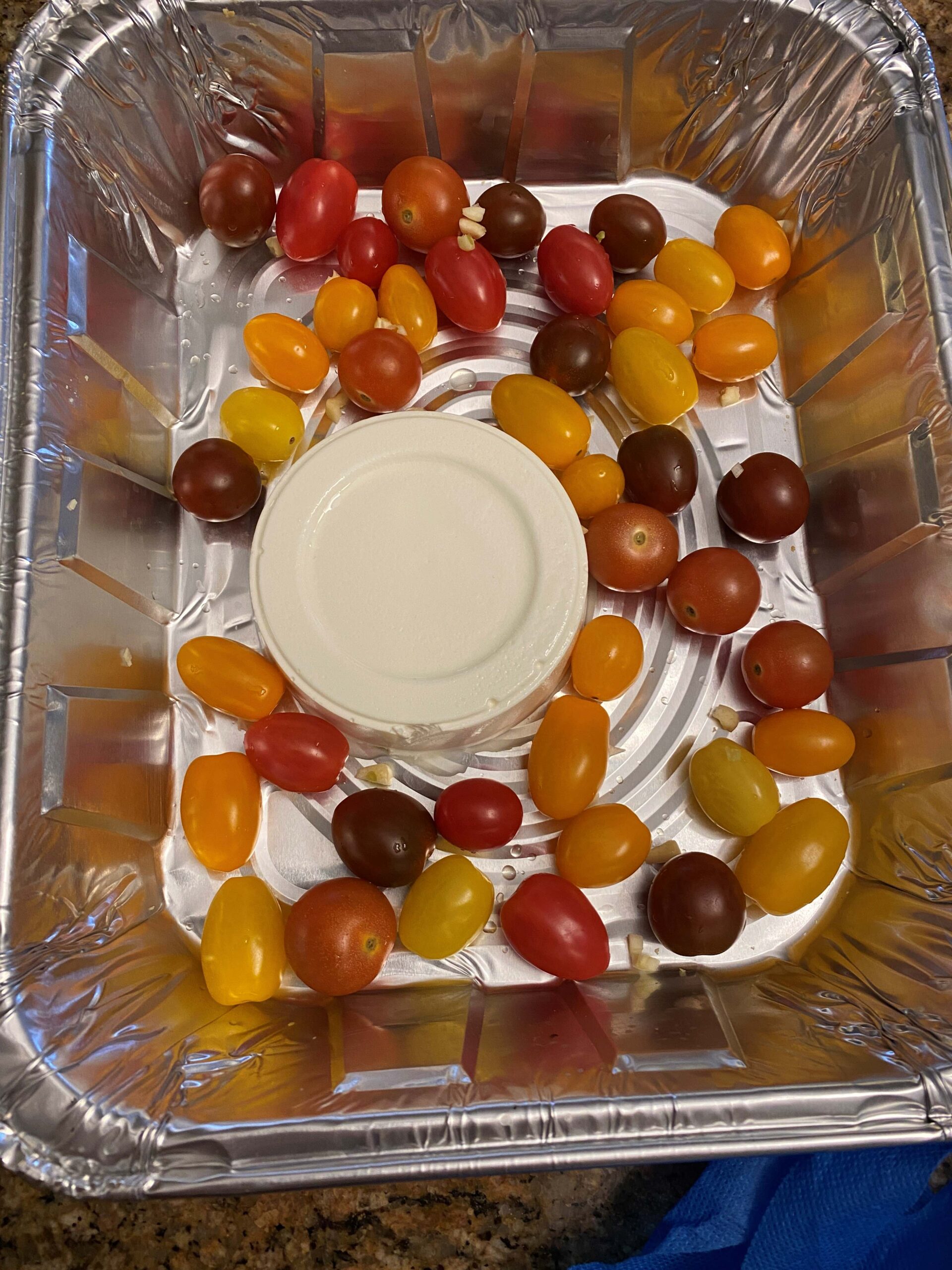 Cherry Tomatoes and Feta in an Aluminum Tray