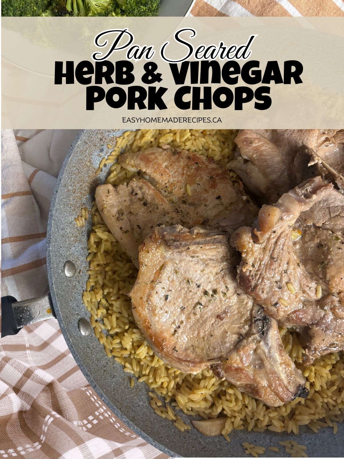 Seared Pork Chops in a fry pan with rice PIN