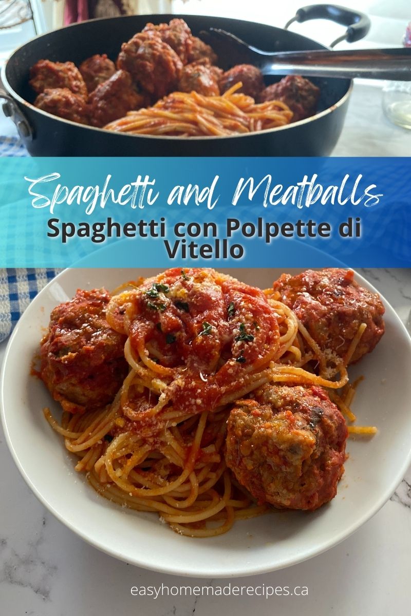 spaghetti and meatballs in a white plate with sauce pan in background Pinterest PIN