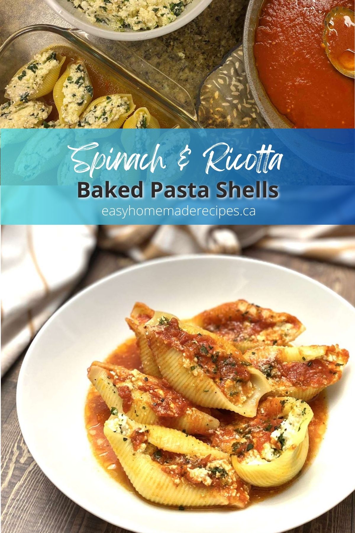 Jumbo pasta shells with spinach and ricotta in a white dish PIN