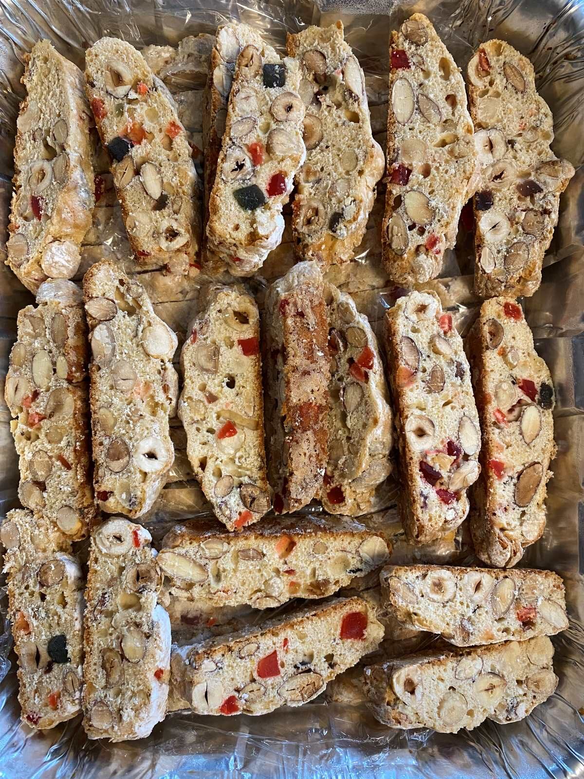 Biscotti with Dried Fruit layered in a aluminum tray