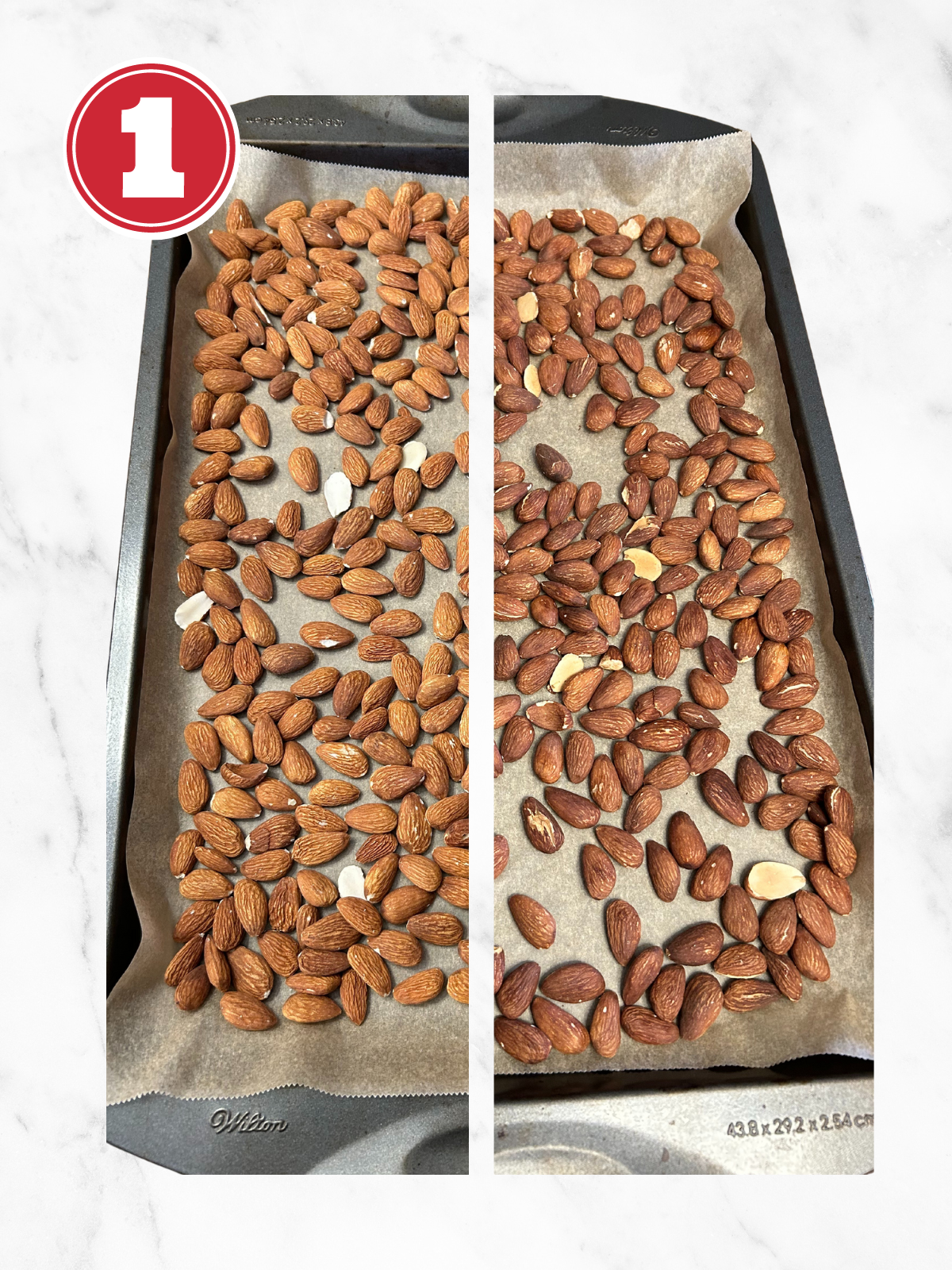 Raw almonds on a baking sheet