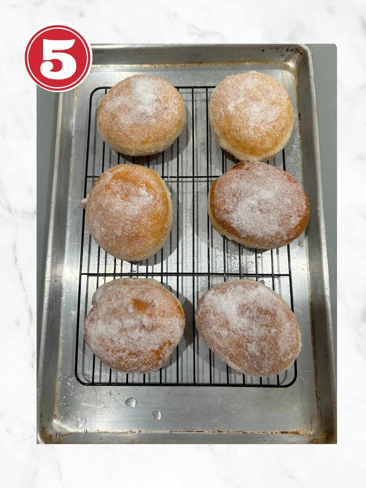 sugar coated doughnuts on a rack cooling
