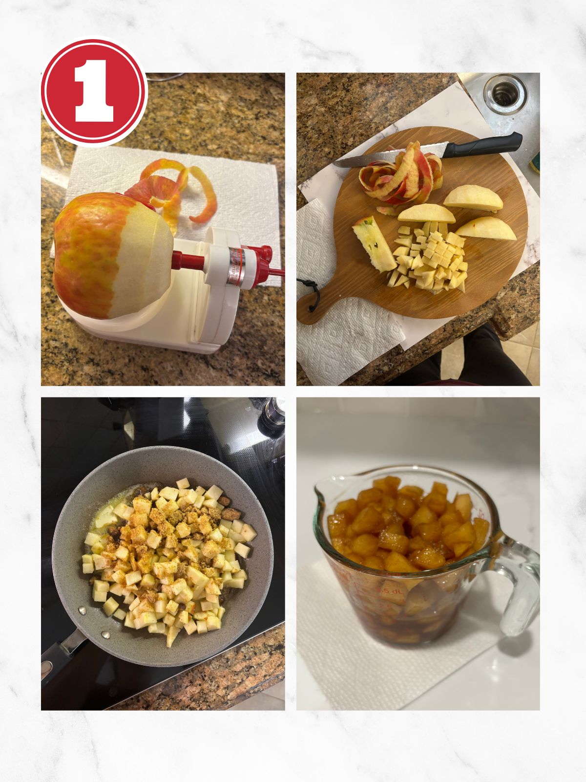 four images of peeling cutting and dicing apples and cooking in a saucepan