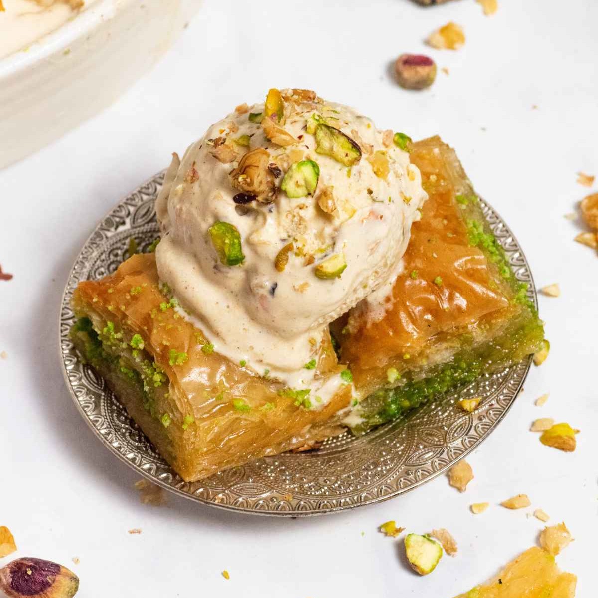 backlava ice cream in a small silver plate