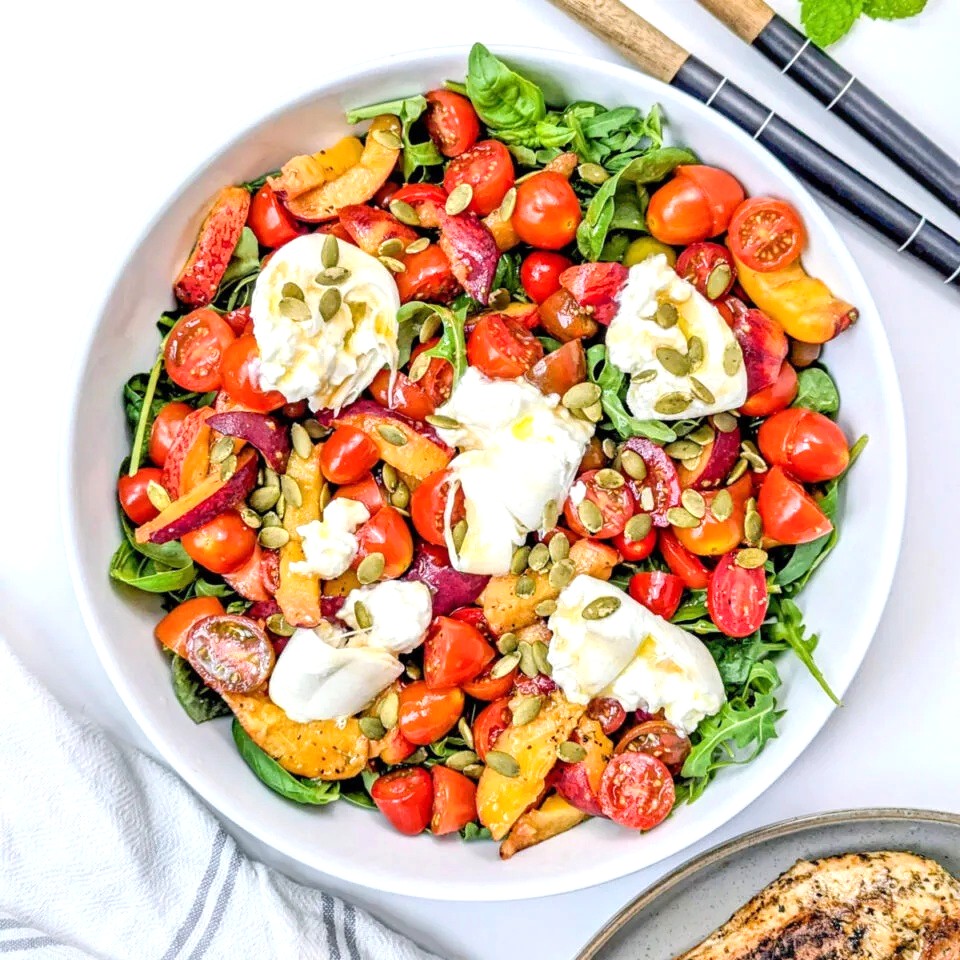 Burrata Tomato Salad in a white bowl