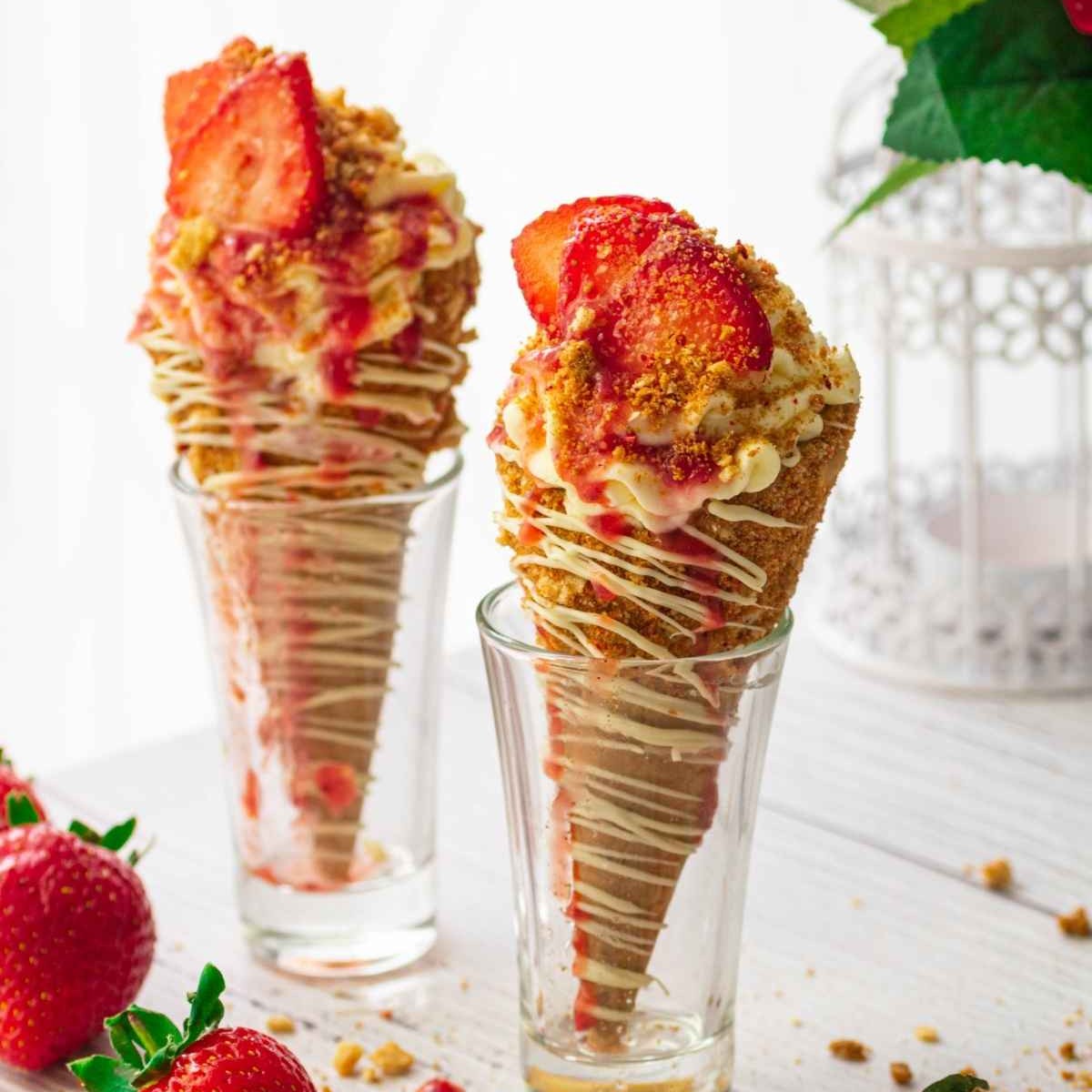 strawberry crunch cheesecake cones in a glass