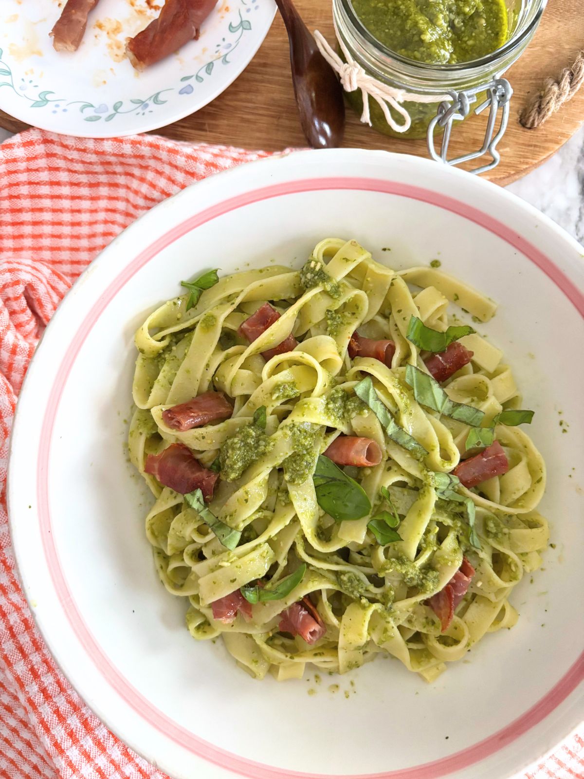 Pesto Pasta in a ceramic bowl
