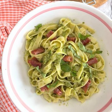 Pesto Pasta in a ceramic bowl