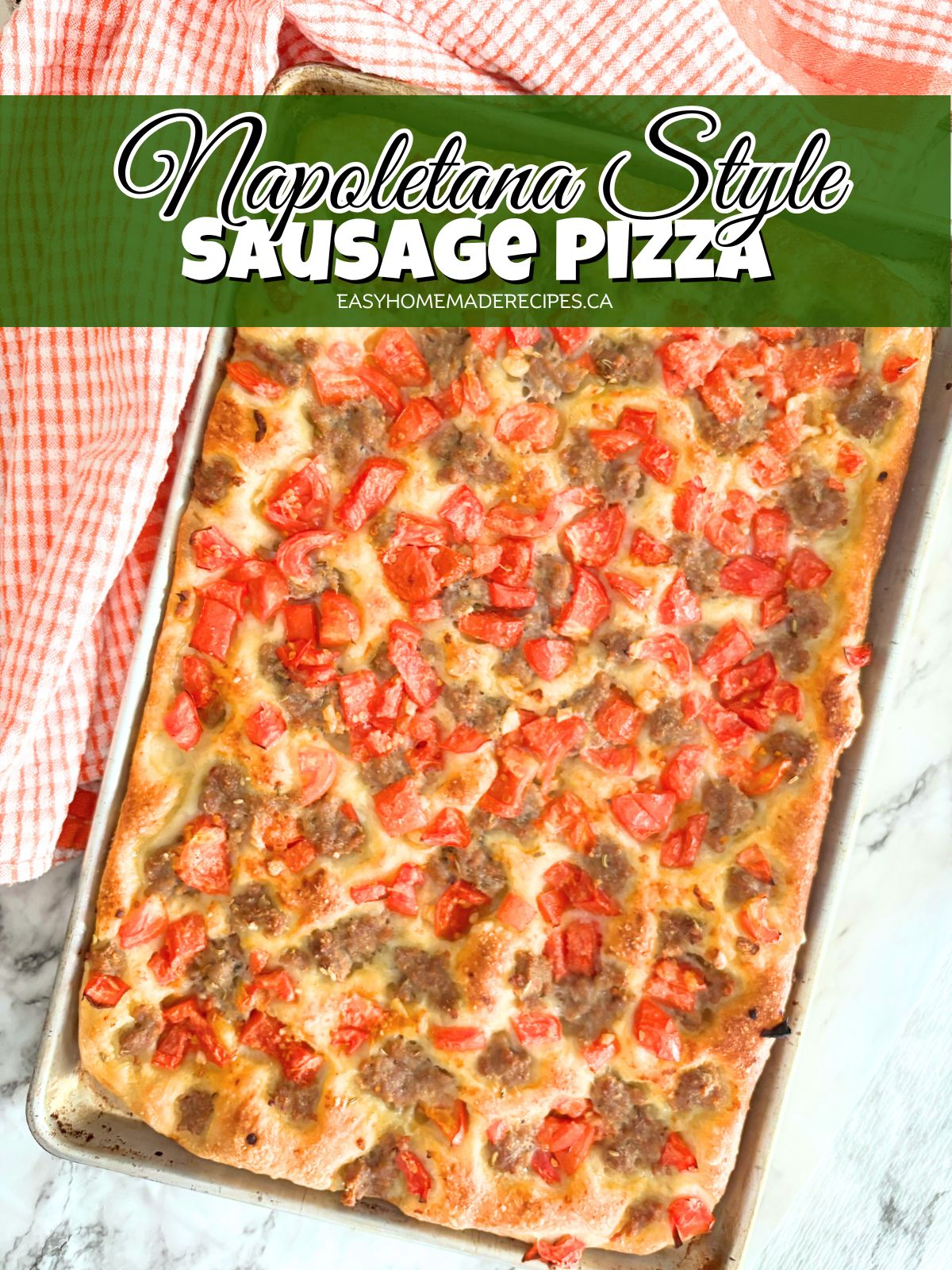 cooked sausage pizza on a baking sheet PIN