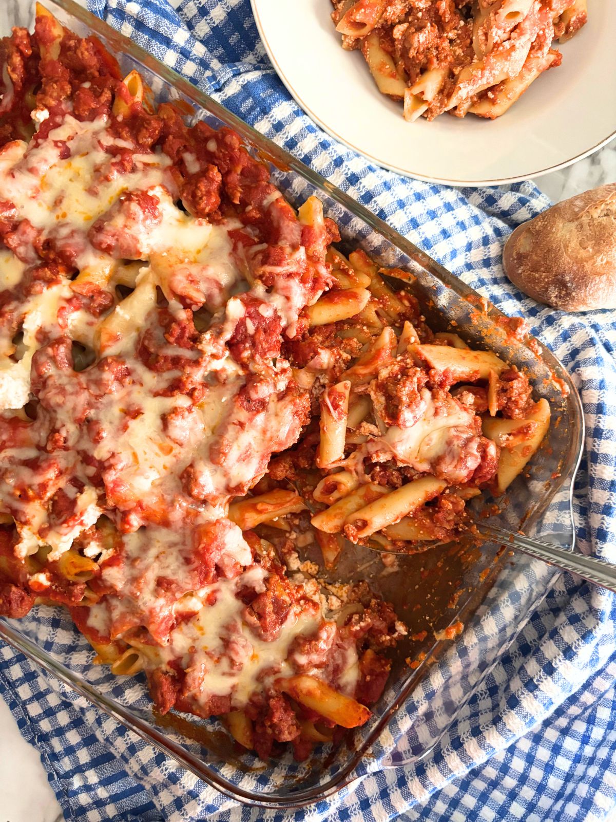 baked ziti in a baking dish