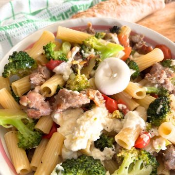Burrata Pasta with broccoli and sausage in a bowl