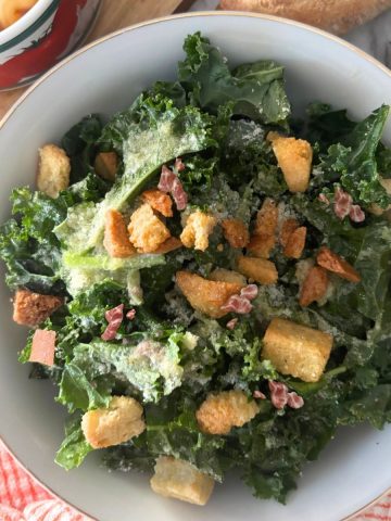 Kale Caesar Salad in a white bowl