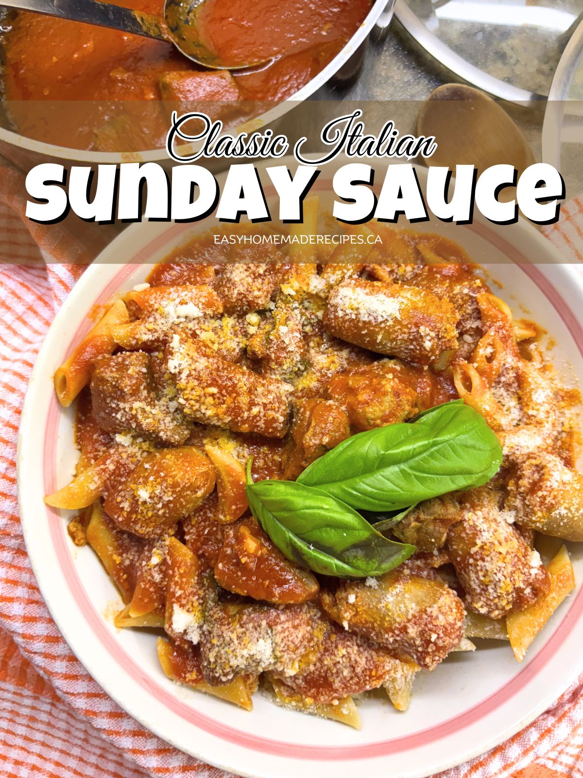 Penne Pasta with Sunday Sauce in a white bowl PIN