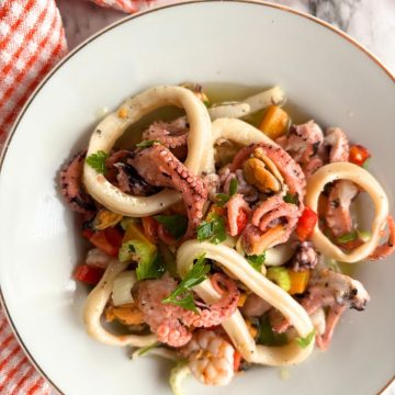 seafood salad in a white plate